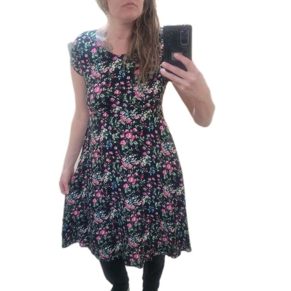 Lanz of Salzburg Black Floral Dress Midi Cottagecore Women's Size M - Picture 5 of 5